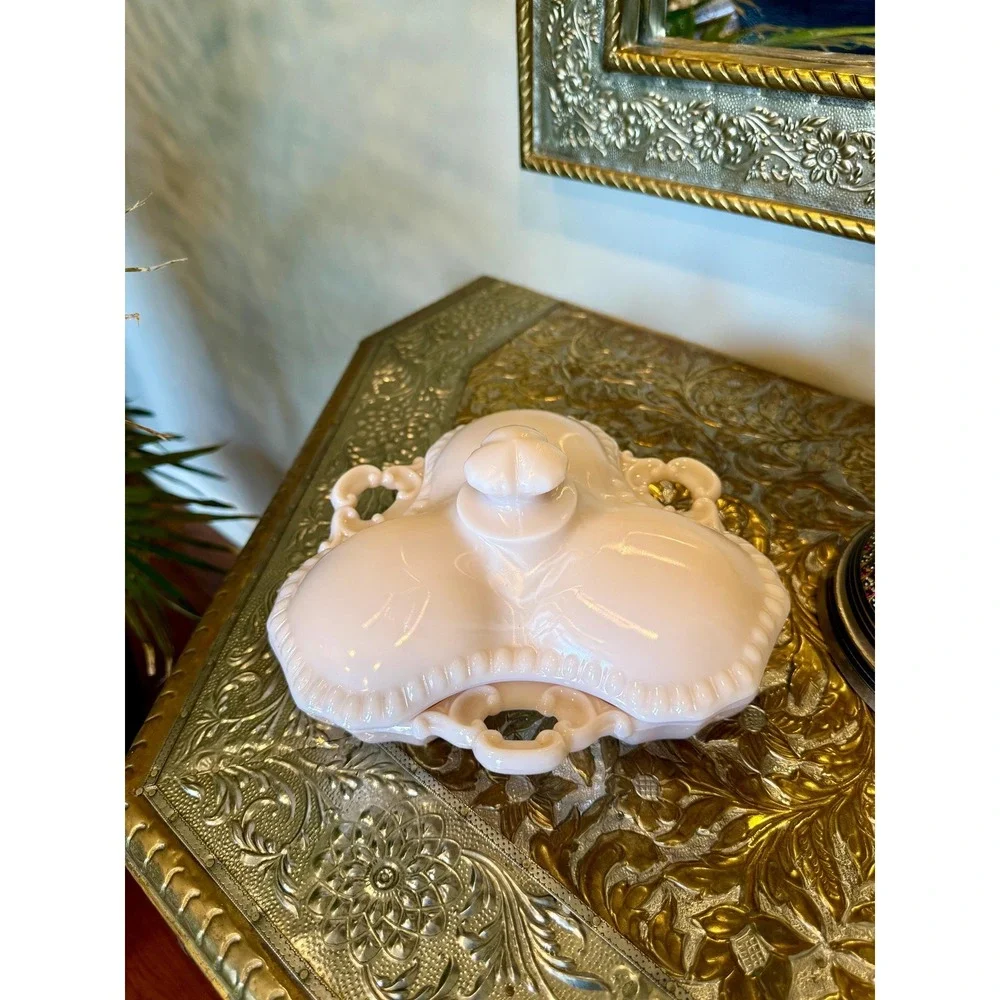 Vintage Pink Milk Glass Lidded Divided Dish – Opaline Vanity or Candy Dish